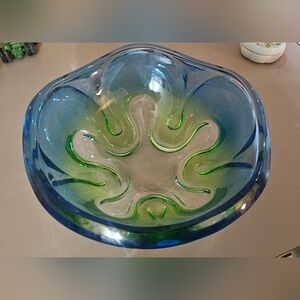 Blue and Green Glass Art Bowl 9.5" Diameter